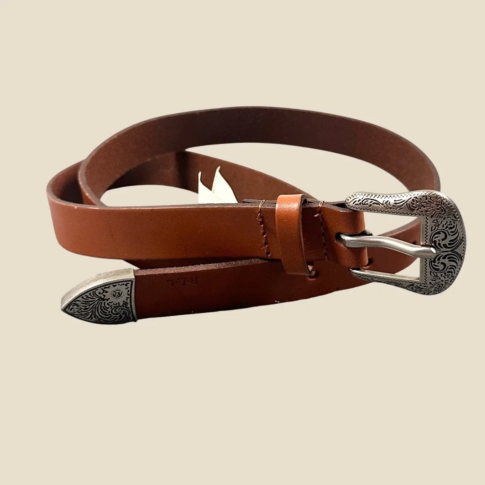 Lauren Ralph Lauren Womens Cuoio Brown Leather Western Belt Silver Buckle M NEW